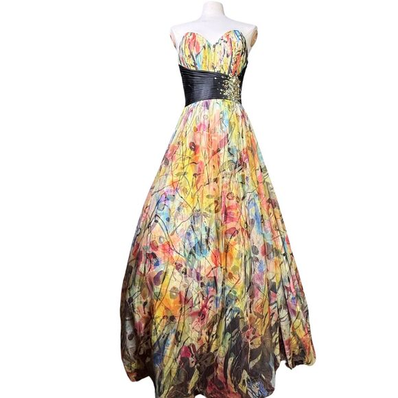Jovani Ball Gown Yellow Multi-colored A-Line Prom Formal Pageant Sz 14 - Picture 1 of 12